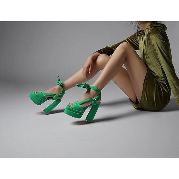 NWT Lace Up Platform Ankle Strap Heeled Sandals Satin Square Chunky Block Heel - Picture 5 of 6